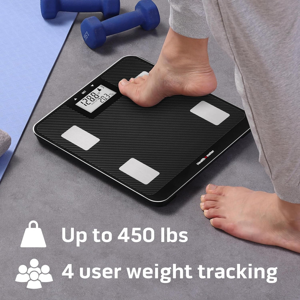 Health o meter Digital Body Composition Scale – BMI, Body Fat & Water Mass Measurement, Multi-User Tracking, 450 lb Capacity, Step-On Carbon Fiber Platform, Backlit Display, 3 AAA Batteries Included