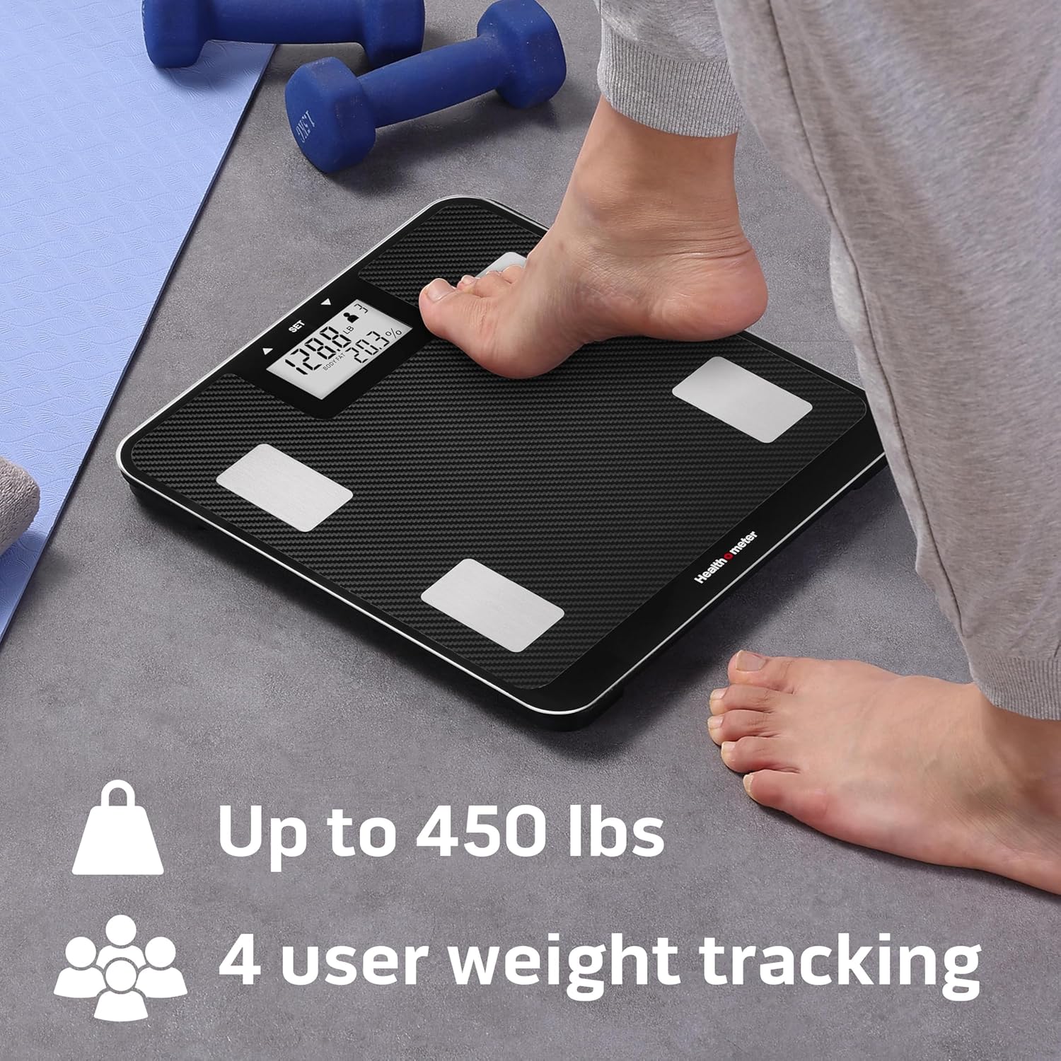 Health o meter Digital Body Composition Scale – BMI, Body Fat & Water Mass Measurement, Multi-User Tracking, 450 lb Capacity, Step-On Carbon Fiber Platform, Backlit Display, 3 AAA Batteries Included