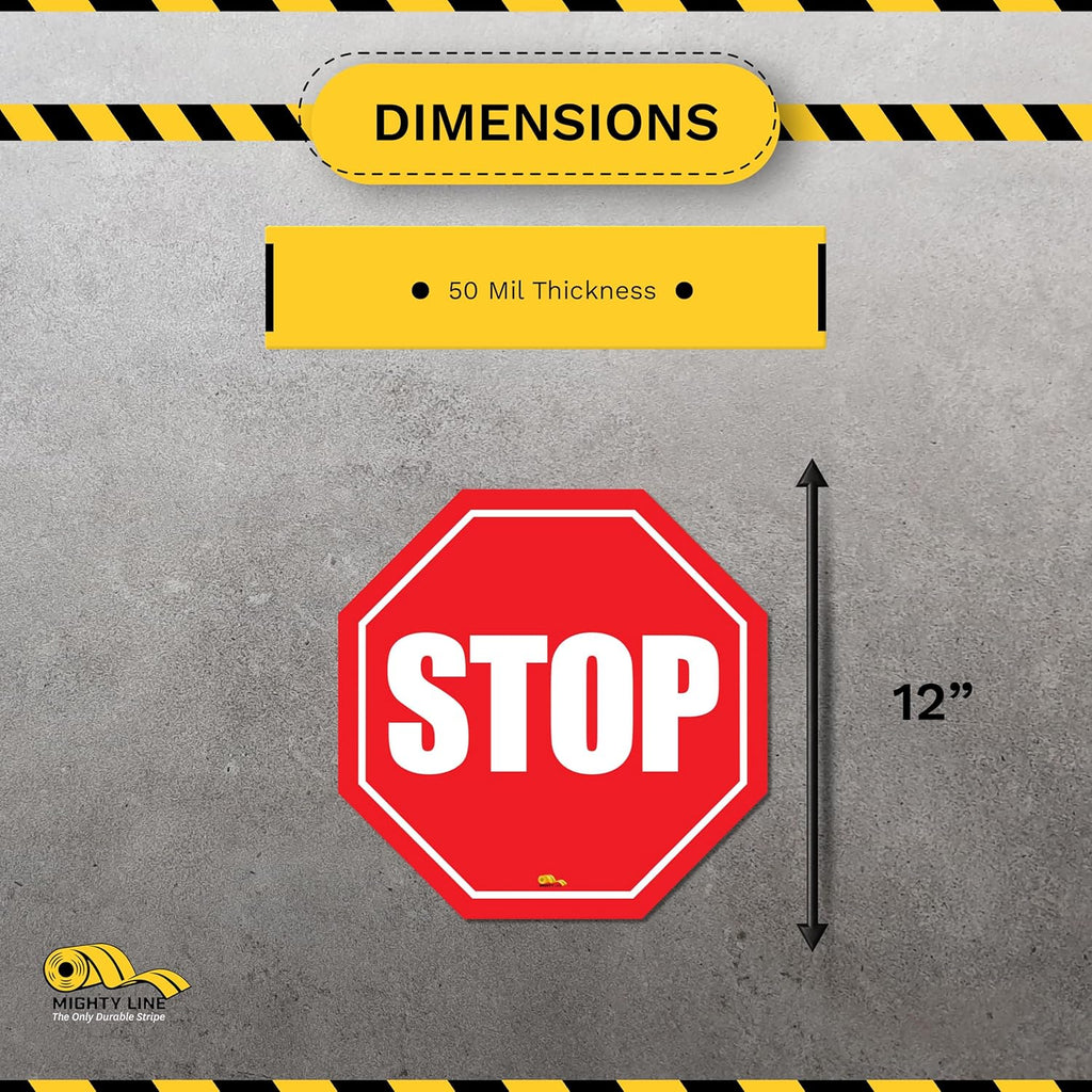 Mighty Line Stop Floor Sign Sticker for Safety, Warning, Heavy-Duty, Peel and Stick, Adhesive, Industrial Quality, 12"
