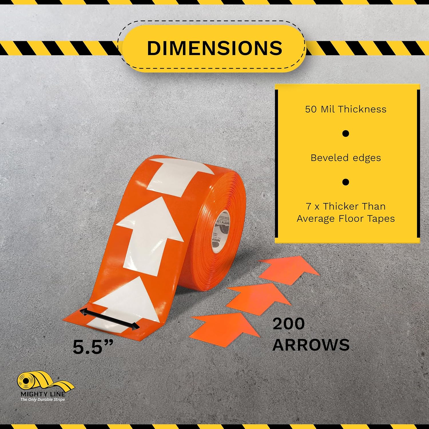 Mighty Line 5.5" Wide Solid Arrows Roll, Directional Sticker Sign Floor Marking Tape for Safety, Caution, Warning, Heavy-Duty, Peel and Stick, Adhesive, Industrial Quality, Orange, Pack of 200