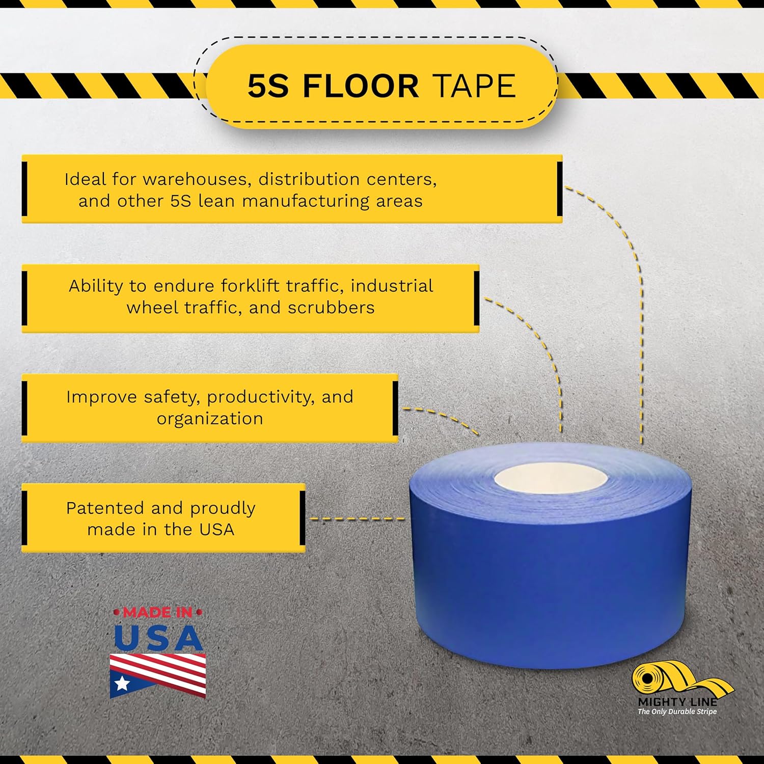 Mighty Line UltraLine Solid Floor Marking Tape for Safety, Caution, Warning, Heavy-Duty, Peel and Stick Adhesive, Beveled Edge Design, Industrial Quality, 4 Inch, 100' Roll, Blue