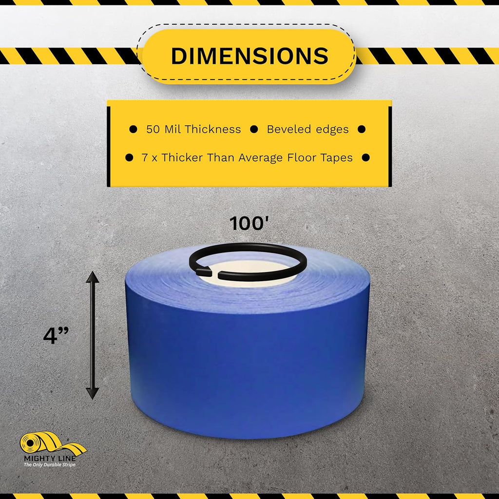 Mighty Line UltraLine Solid Floor Marking Tape for Safety, Caution, Warning, Heavy-Duty, Peel and Stick Adhesive, Beveled Edge Design, Industrial Quality, 4 Inch, 100' Roll, Blue