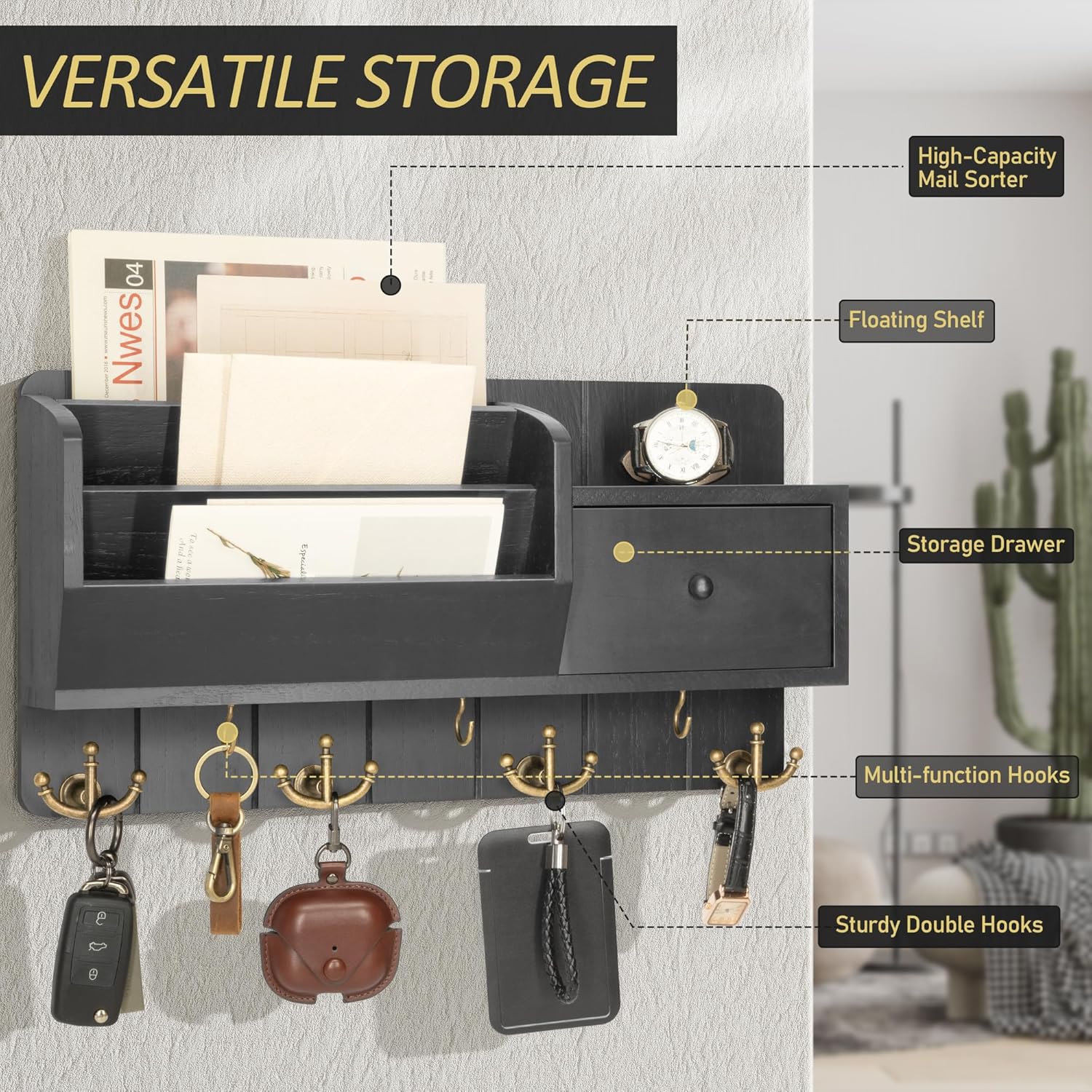 Rebee Vision Key Holder Wall Mount with Mail Sorter - Decorative Mail Organizer for Wall with Key Hooks and Drawer Organizer - Modern Home Essentials for Room Decor (Black)