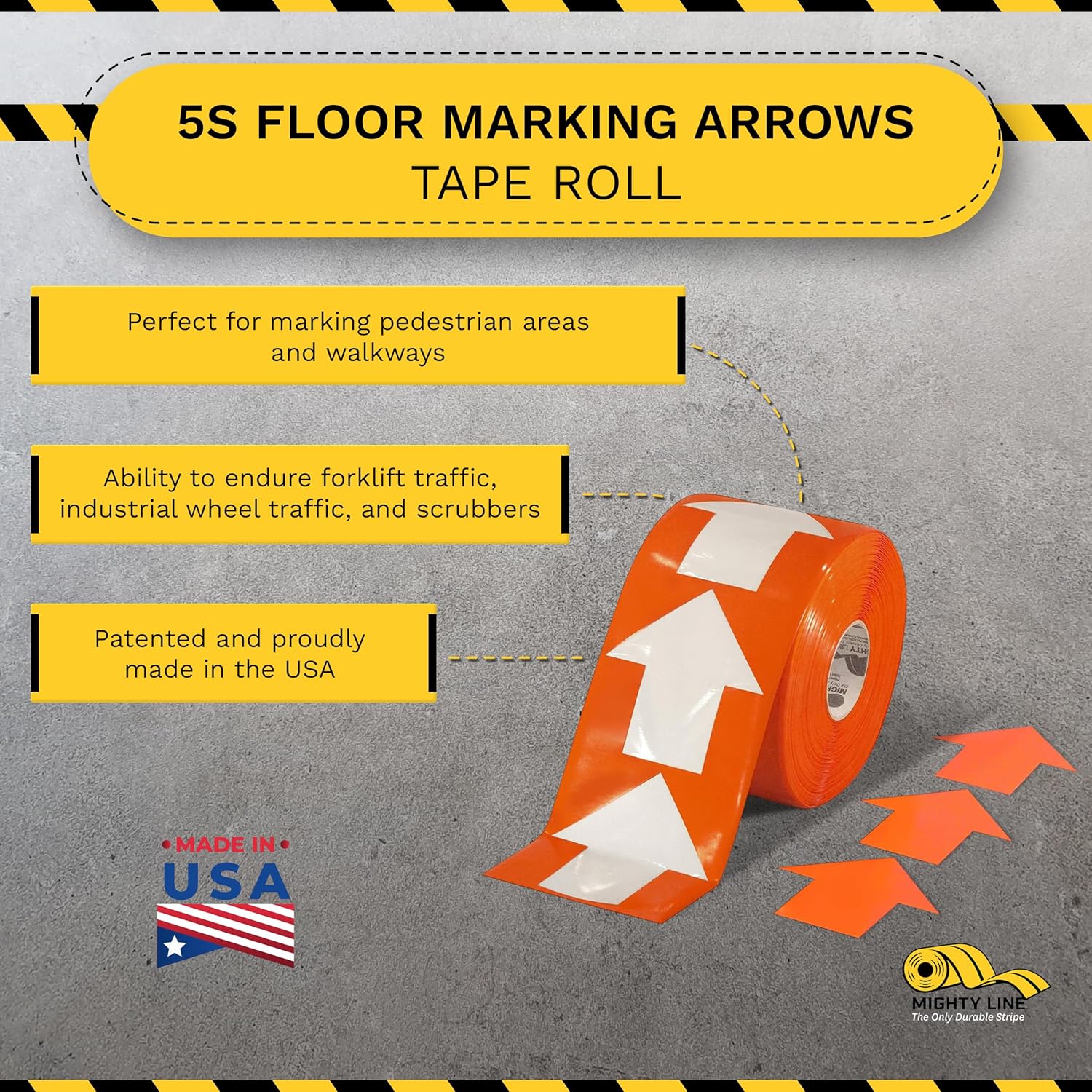 Mighty Line 5.5" Wide Solid Arrows Roll, Directional Sticker Sign Floor Marking Tape for Safety, Caution, Warning, Heavy-Duty, Peel and Stick, Adhesive, Industrial Quality, Orange, Pack of 200