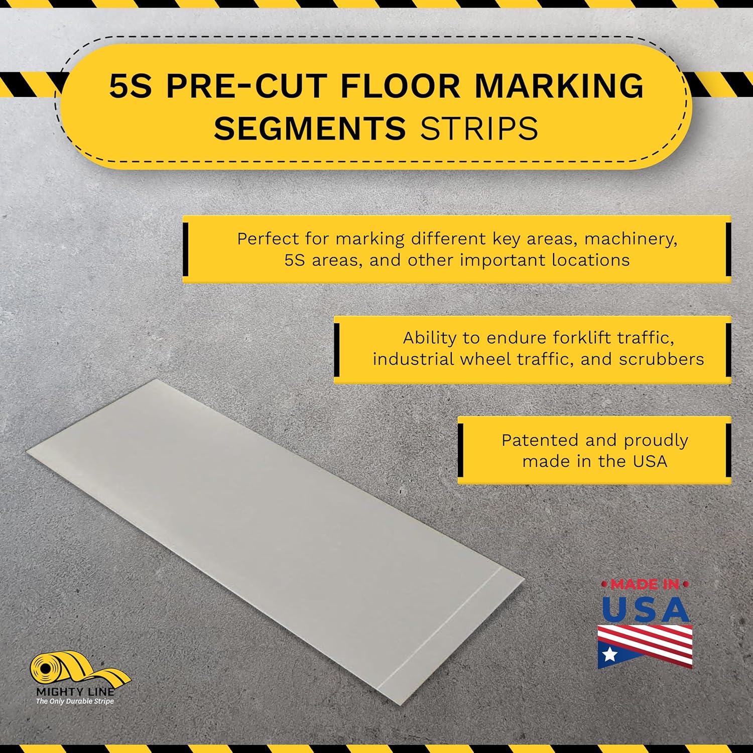 Mighty Line Floor Marking Tape Strips for Safety, Caution, Warning, Heavy-Duty, Peel and Stick, Adhesive, Industrial Quality, Grey, 2" by 10"