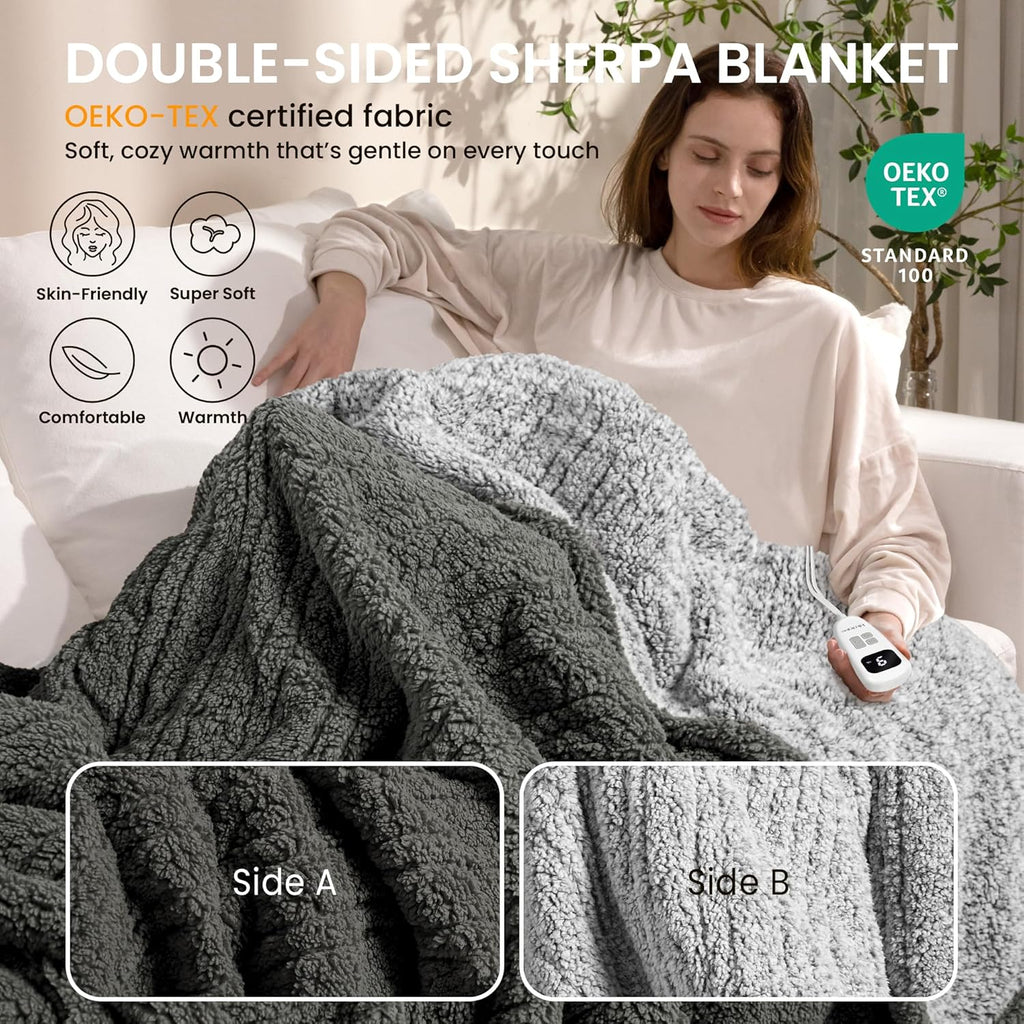 Heated Blanket Electric Blanket King - Fast Heating Blanket Throw Dual Control Double Sided Sherpa with 10 Heating Levels & 2-10 Hours Auto Off, Mashine Washable, 90 x 100 Inches, Grey