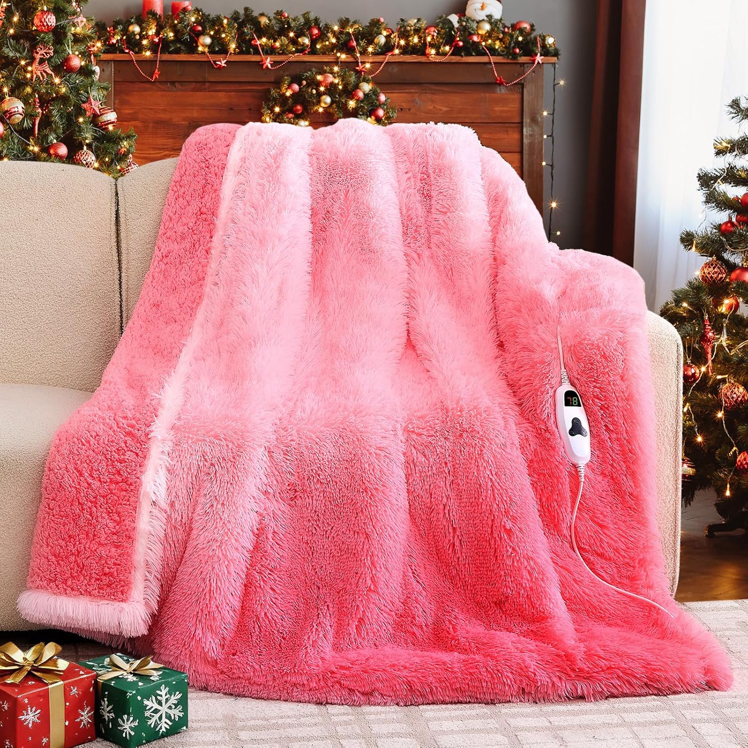 Heated Electric Blanket Twin,Warm Winter Birthday Gifts for Women Her Grandma–Faux Fur with Soft Sherpa,10 Heat Settings,5 Time Settings with Fast Heating, 62x84, Baby Pink