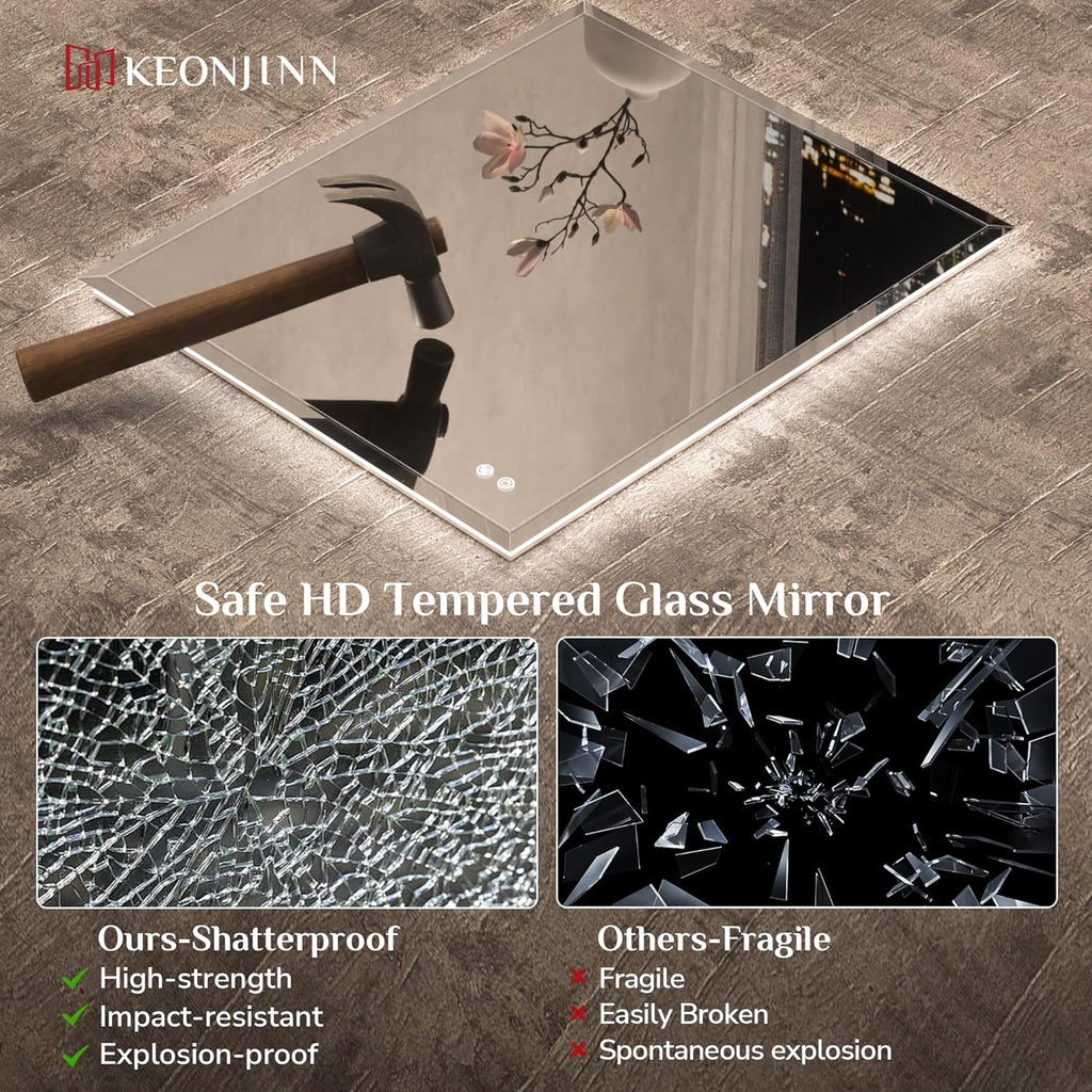 Keonjinn 20 x 28 Inch Backlit Mirror Bathroom, Frameless LED Mirror for Bathroom, Beveled Edge, HD Tempered Glass, UL-Listed LED Driver, Anti-Fog, Dimmable, Memory Function, French Cleat Installation