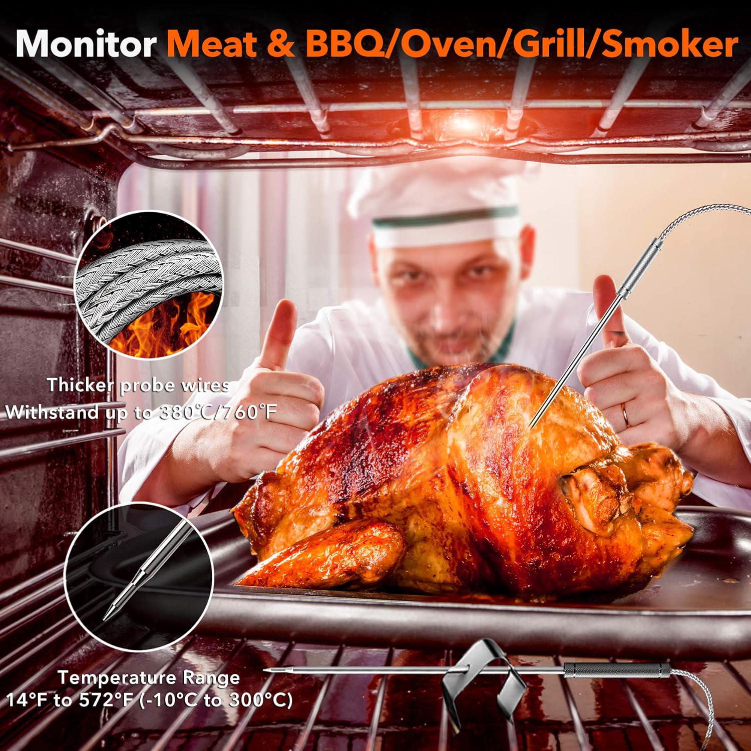 Yunbaoit Wireless Meat Thermometer, Digital Remote Food Cooking Meat Thermometer for BBQ Grill Smoker Oven Kitchen,500 FT Range&Dual Probes