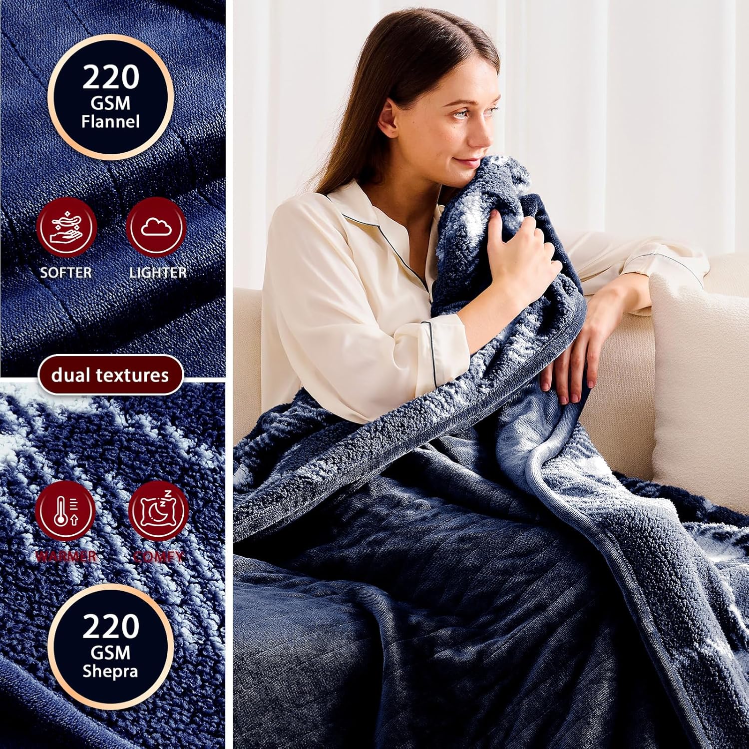 Heated Electric Blanket Queen Size - 84"x90" Flannel Heating Blanket with 10 Heating Levels & 5 Time Settings Over-Heat Protection, Winter Warmer for Adults with ETL Certification（Navy Blue）