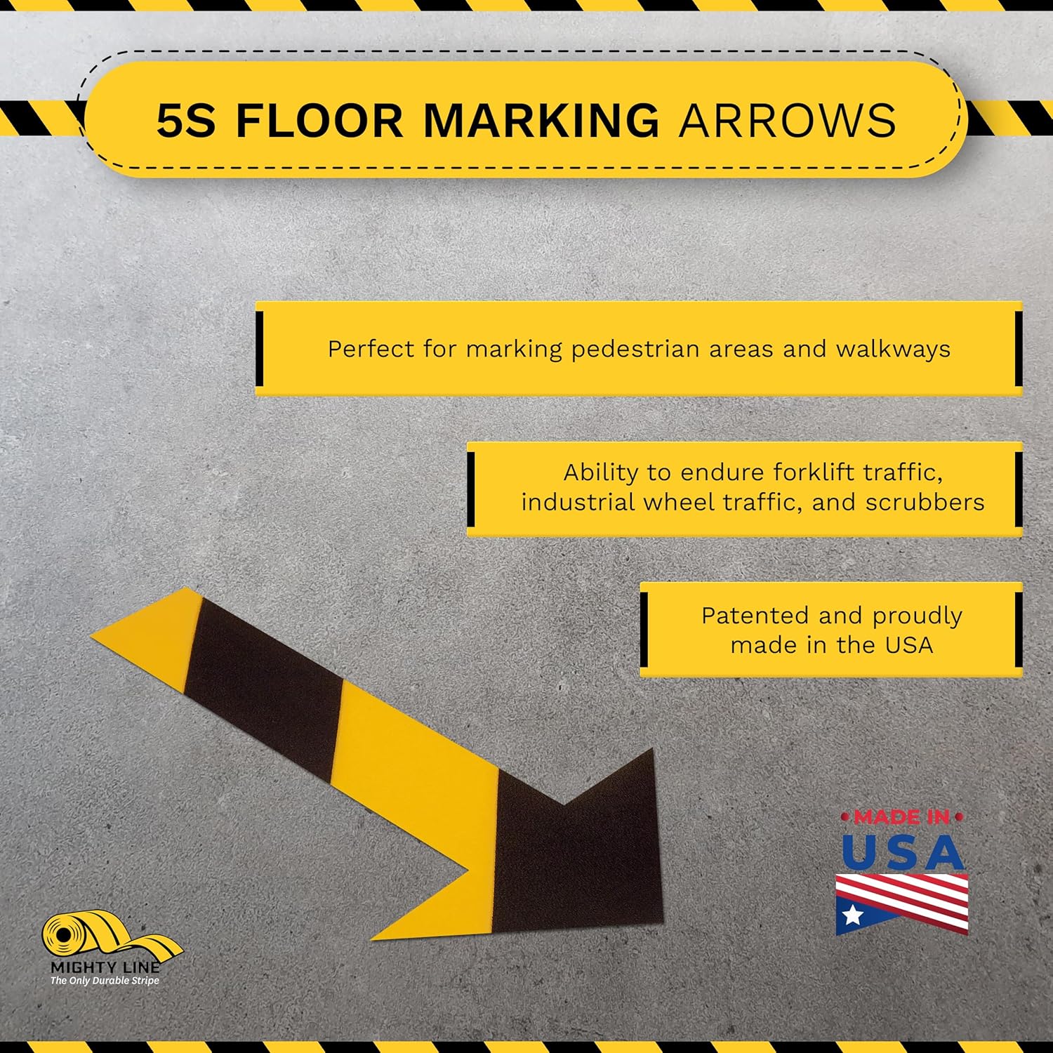 Mighty Line Solid Arrows Directional Sticker Sign Floor Marking Tape for Safety, Caution, Warning, Heavy-Duty, Peel and Stick Adhesive, Industrial Quality, Yellow and Black Chevron, 10"x6", 50 Pack