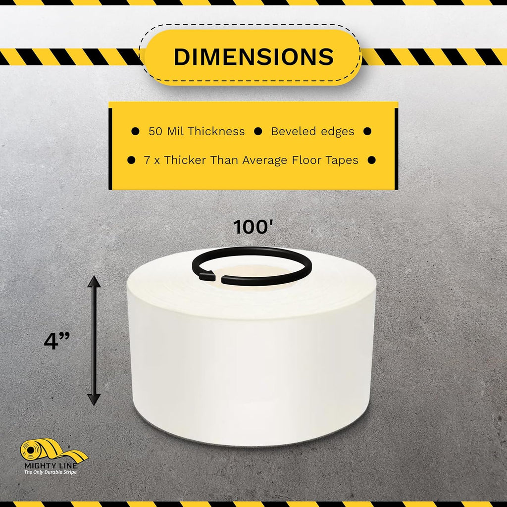 Mighty Line UltraLine Solid Floor Marking Tape for Safety, Caution, Warning, Heavy-Duty, Peel and Stick Adhesive, Beveled Edge Design, Industrial Quality, 4 Inch, 100' Roll, White