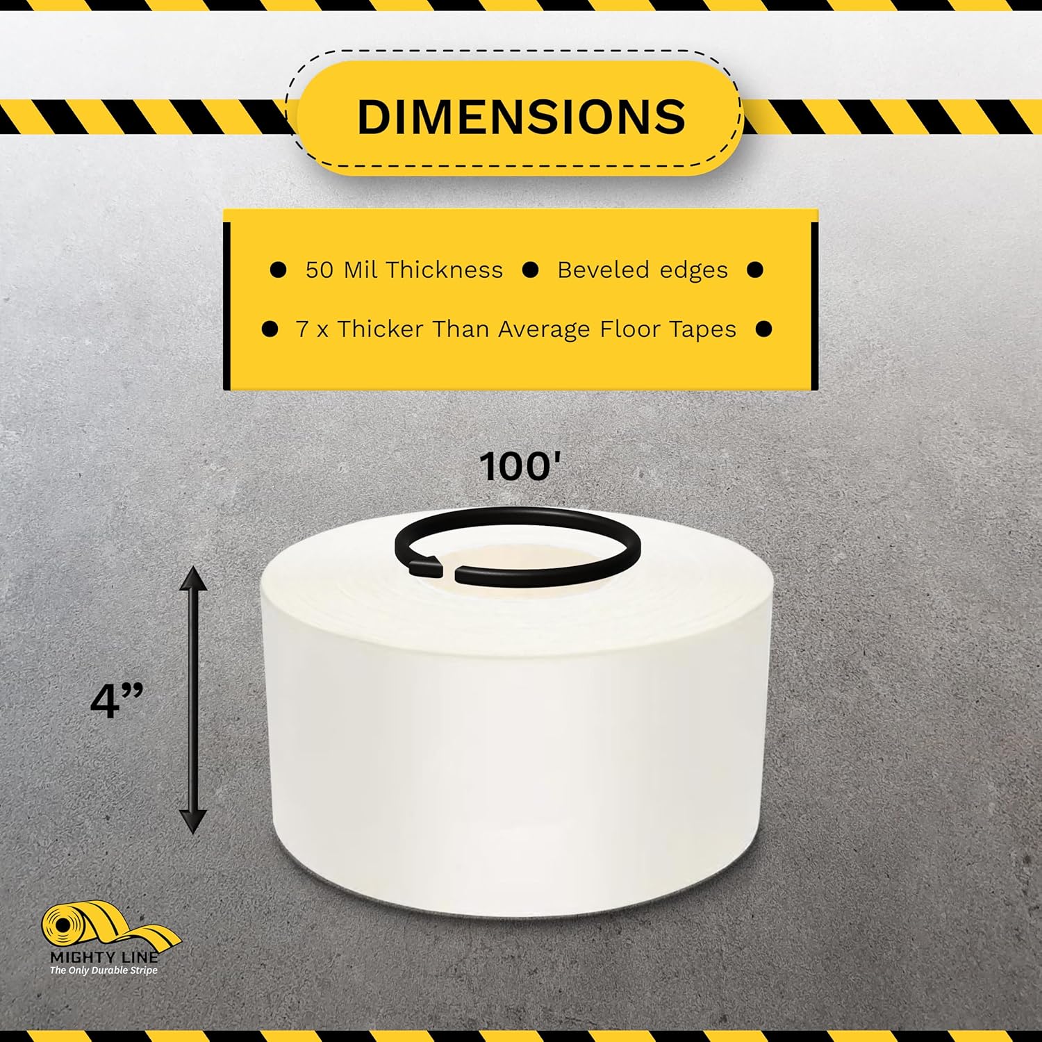 Mighty Line UltraLine Solid Floor Marking Tape for Safety, Caution, Warning, Heavy-Duty, Peel and Stick Adhesive, Beveled Edge Design, Industrial Quality, 4 Inch, 100' Roll, White