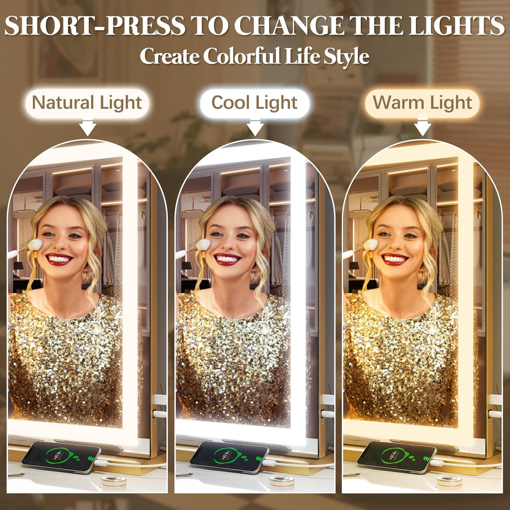 FENNIO Vanity Mirror with Lights 32"x22", Lighted Makeup Mirror, Large Vanity Mirror, Touch Sensor with 3-Color Lighting, 10X Magnification and USB Charging Port for Vanity Desk（Square Gold）