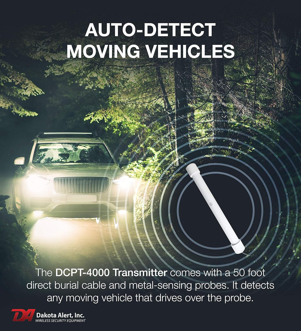 Dakota Alert Driveway Alarm Sensor - DCPT-4000 Driveway Alarms Wireless Outside Weatherproof Vehicle Sensor, 1 Mile Long Range Sensors , Vehicle Detecting Probe Transmitter & 50' Direct Burial Cable