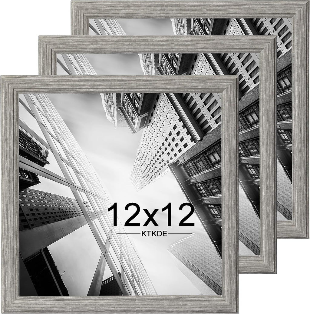 KTKDE 12x12 Picture Frame Set of 3, Grey Wooden frames- Wall Hanging Display- Best Square Photo Frame Studio Gallery for Photos- Posters & Art Prints