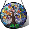 Stained Glass Window Hanging, Butterfly Tree Clover Sun Catchers Glass Panel Blue Suncatcher Decor for Birthday for Women, Men, Wife, Aunt, and Mom 14.9x14.9 in