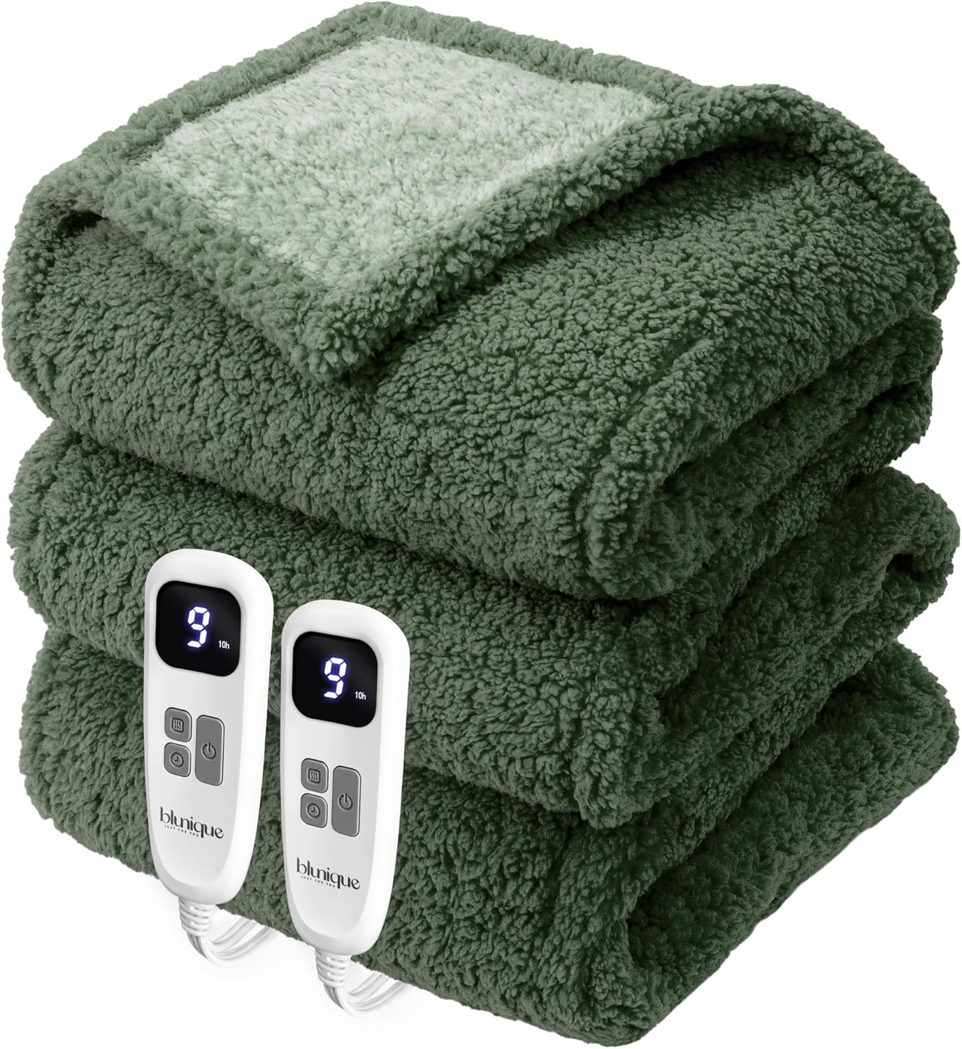 Heated Blanket Electric Blanket King - Fast Heating Blanket Throw Dual Control Double Sided Sherpa with 10 Heating Levels & 2-10 Hours Auto Off, Mashine Washable, 90 x 100 Inches, Sage&Green