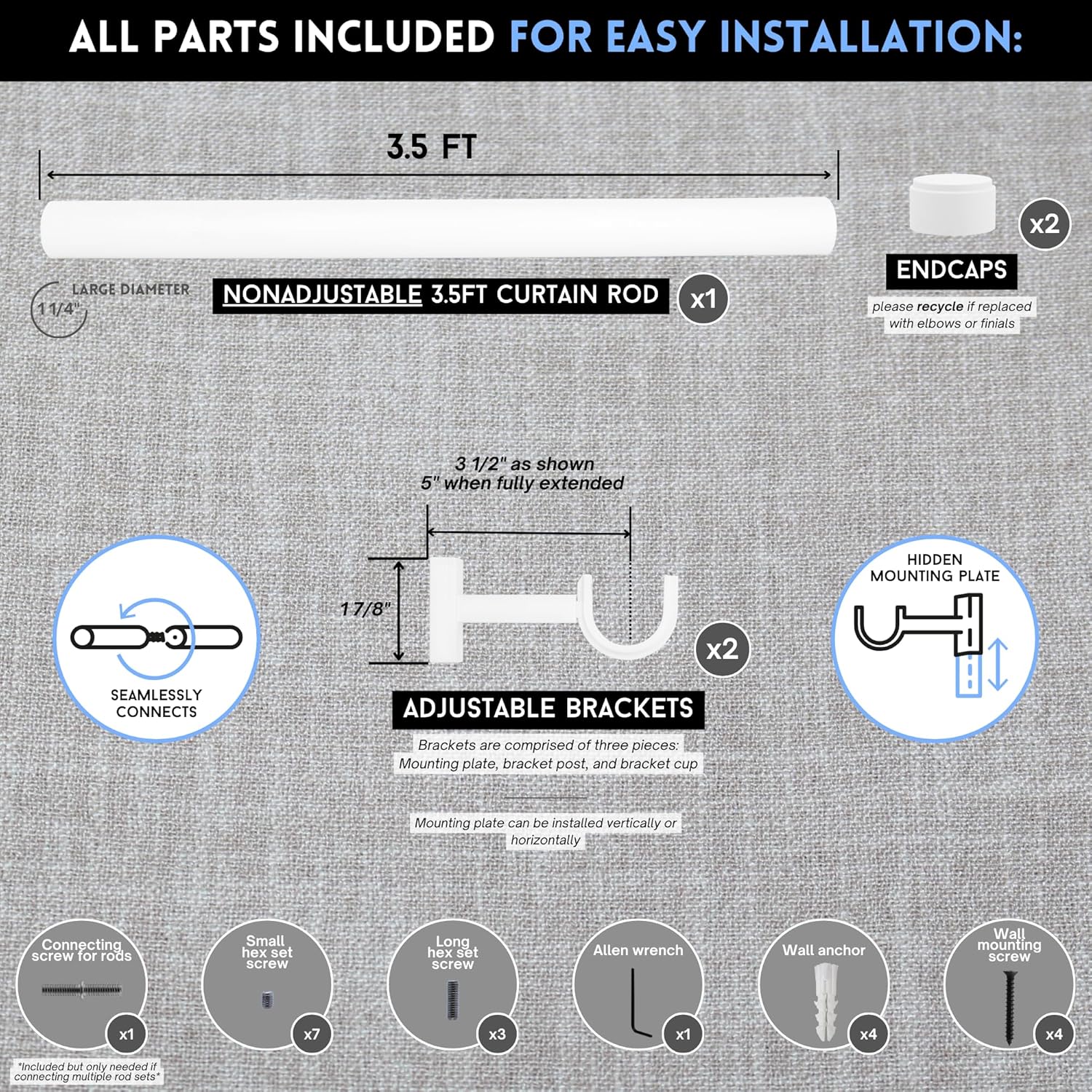 BlastHome® Non-Adjustable Luxury Curtain Rods for Windows, 1 ¼” Rod Set, 3 1/2 foot Fixed Length, White