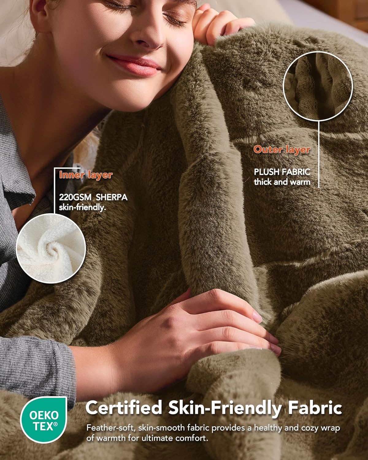 Homemate Heated Blanket Electric Throw - 50"x60" Heating Blanket Throw 1/2/4/6/8 Hours Auto-Off 10 Heat Levels Over-Heat Protection Luxury 800 GSM Faux Fur 200 GSM Sherpa ETL Certification
