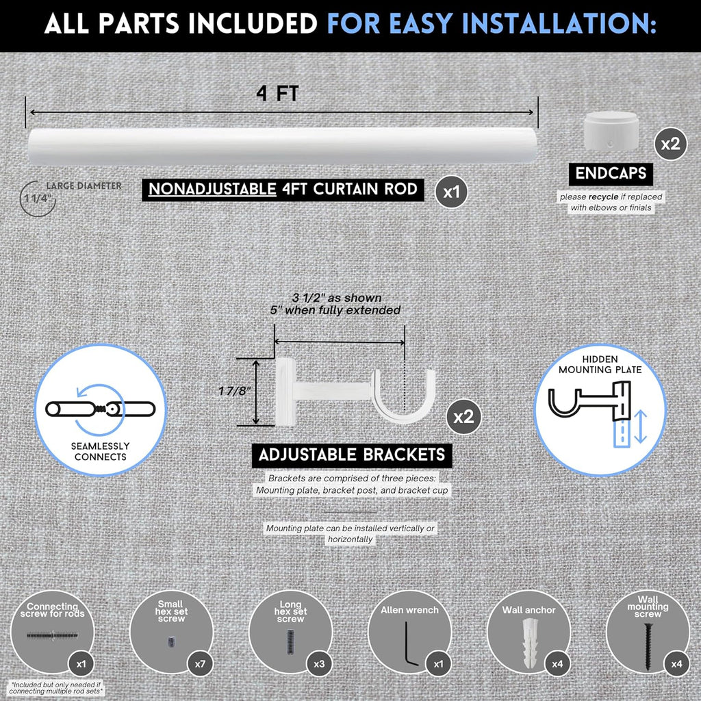 BlastHome® Non-Adjustable Luxury Curtain Rods for Windows, 1 ¼” Rod Set, 4 foot Fixed Length, Brushed White