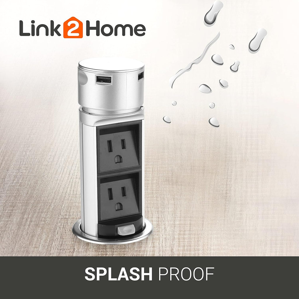 Link2Home Space Saver Pop Up-Outlet, 2 Power Outlets, 2 USB Ports 2.4 Amp, Overload Protection, Splash Resistant EM-PU-200E