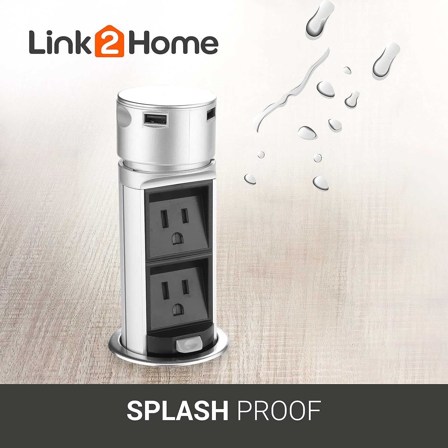 Link2Home Space Saver Pop Up-Outlet, 2 Power Outlets, 2 USB Ports 2.4 Amp, Overload Protection, Splash Resistant EM-PU-200E
