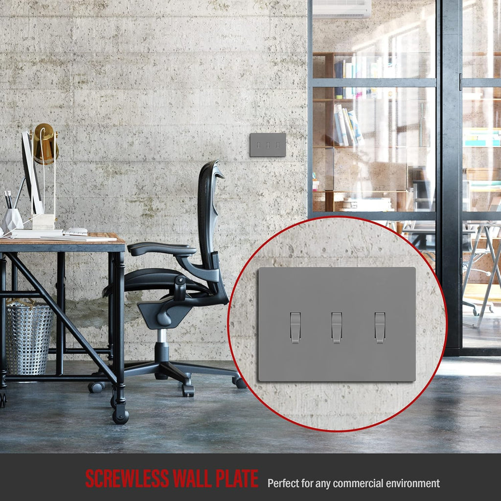 ENERLITES Screwless Triple Toggle Switch Wall Plate, Child Safe Light Switch Cover, Standard Size 3-Gang 4.68" x 6.53", Unbreakable Polycarbonate Thermoplastic, UL Listed, SI8813-GY, Glossy, Gray