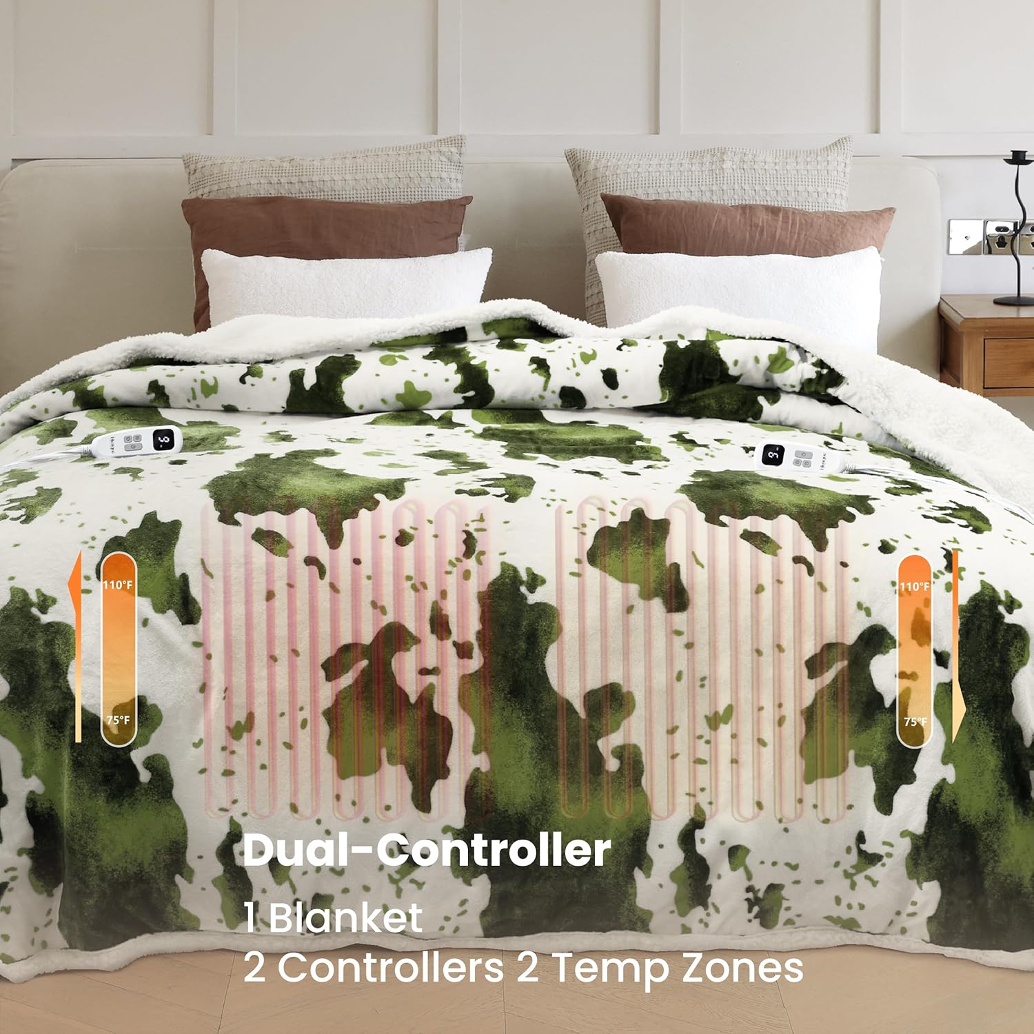 Cow Print Electric Heated Blanket Queen-Dual Control Heating Blanket Queen Size with 10 Heat Levels & 10 Hours Auto-Off, Cozy Soft Fleece Sherpa, Washable, 84x90 Inche Cow Print Sage