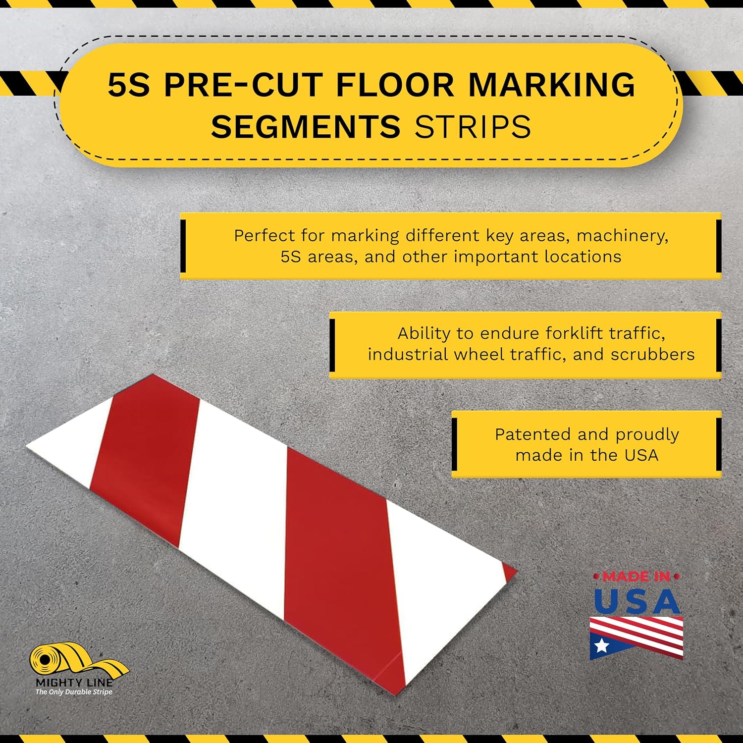 Mighty Line Floor Marking Tape Strips for Safety, Caution, Warning, Heavy-Duty, Peel and Stick, Adhesive, Industrial Quality, White and Red Hazard, 4" by 10"