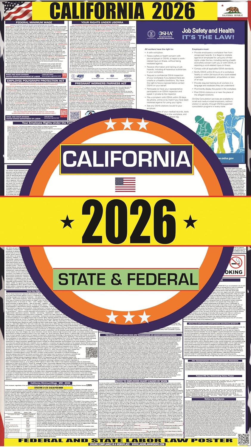 2026 California (CA) State Labor Law Poster - State, Federal and OSHA Compliant Laminated Poster - Spanish Version - Ideal for Posting in The Workplace - Easy to Read