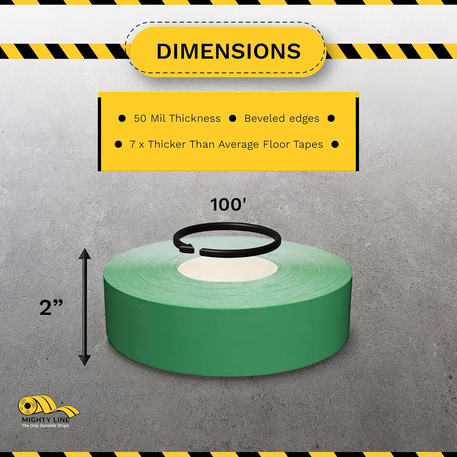 Mighty Line UltraLine Solid Floor Marking Tape for Safety, Caution, Warning, Heavy-Duty, Peel and Stick Adhesive, Beveled Edge Design, Industrial Quality, 2 Inch, 100' Roll, Green