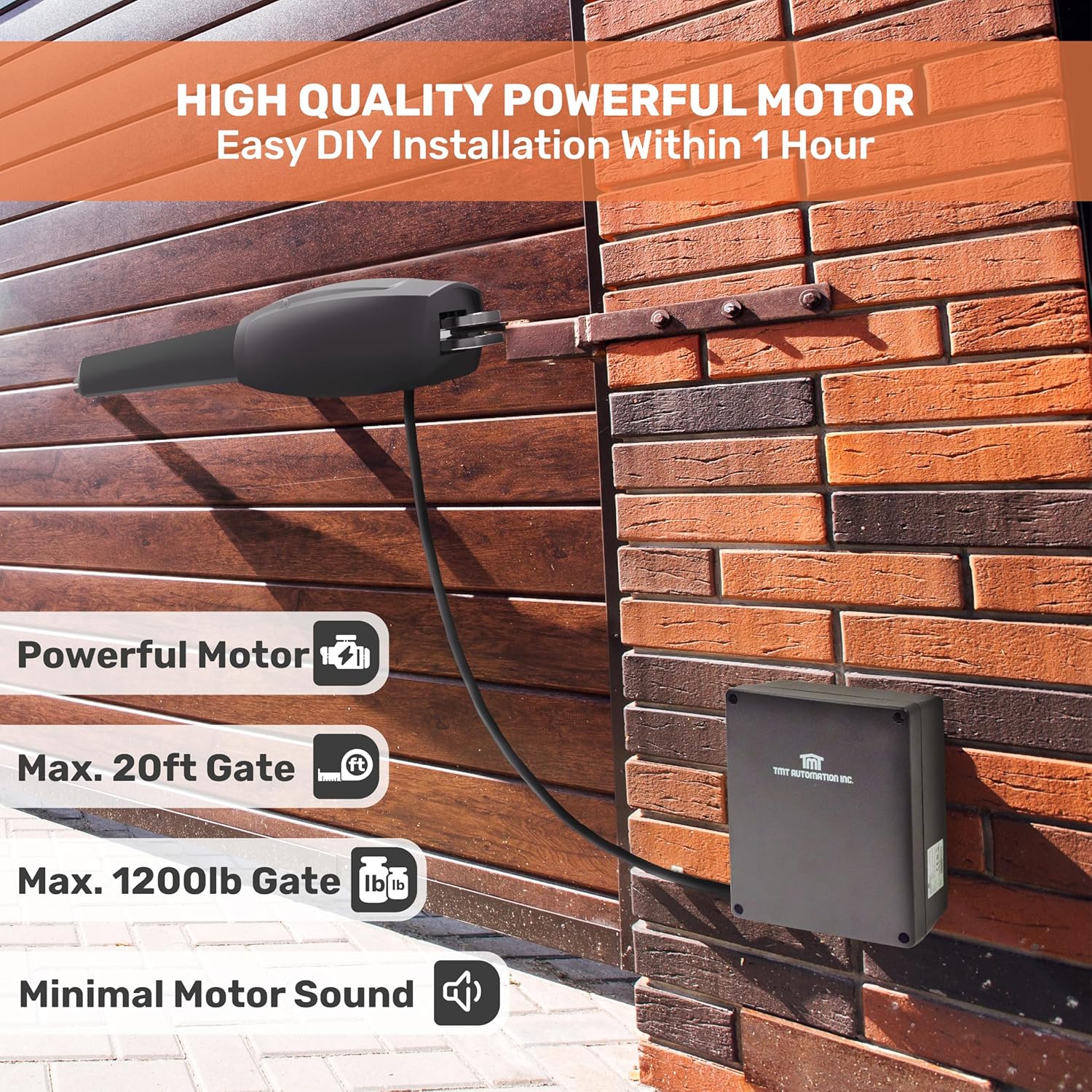 TMT Clifford 500 Premium Single Automatic Gate Opener Up to 20ft and 1200lb Heavy Duty Swing Gate with Remote Complete Kit, Electric Gate Opener for Driveway (App Compatible)