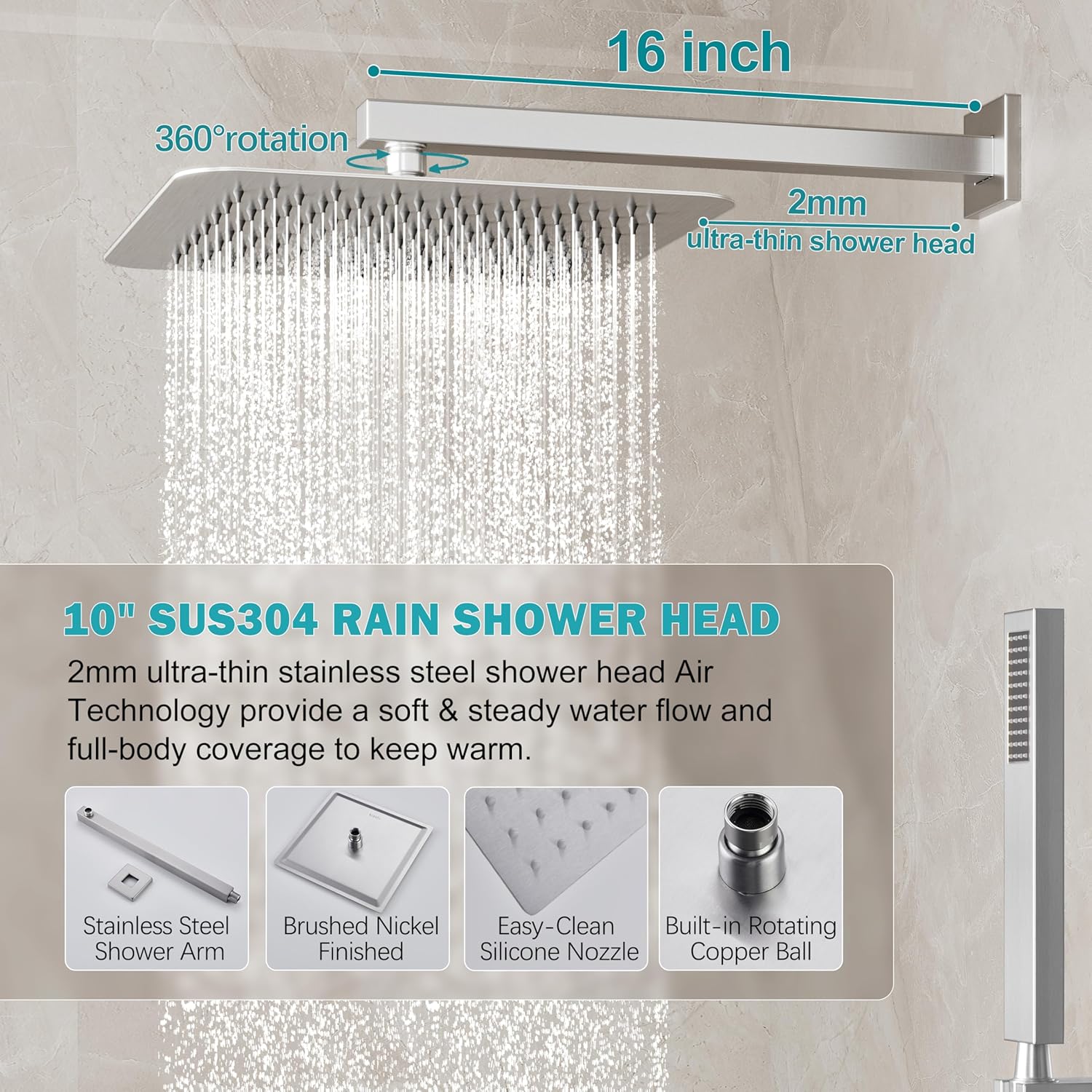 Brushed Nickel Shower System, Shower Faucet Set with 10-Inch Rain Showerhead and Handheld Spray, Wall Mounted High-Pressure Showerhead Combo Set Included Valve and Trim, Brushed Nickel