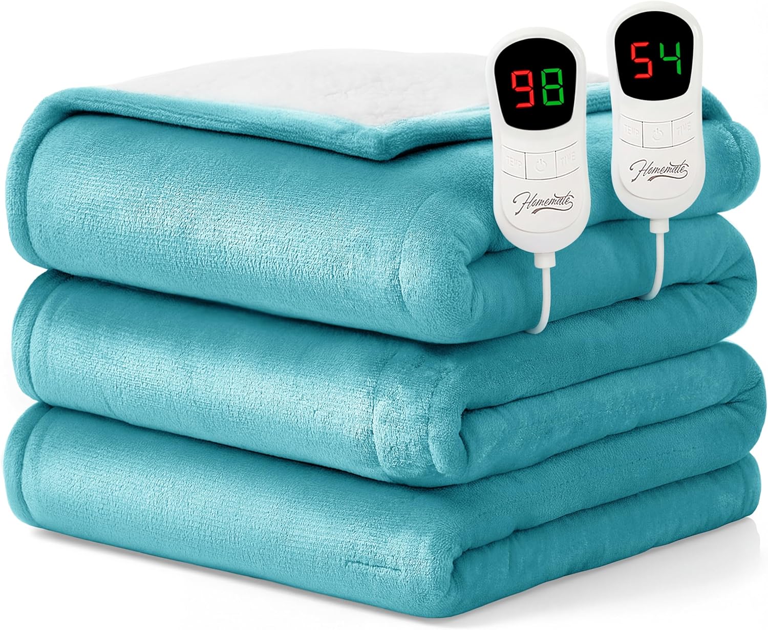 Homemate Electric Heated Blanket King Size - 100"x90" Heating Blanket King Size Dual Control 1/2/4/6/8 Hours Auto-Off 10 Heat Level Over-Heat Protection Flannel Sherpa ETL Certification