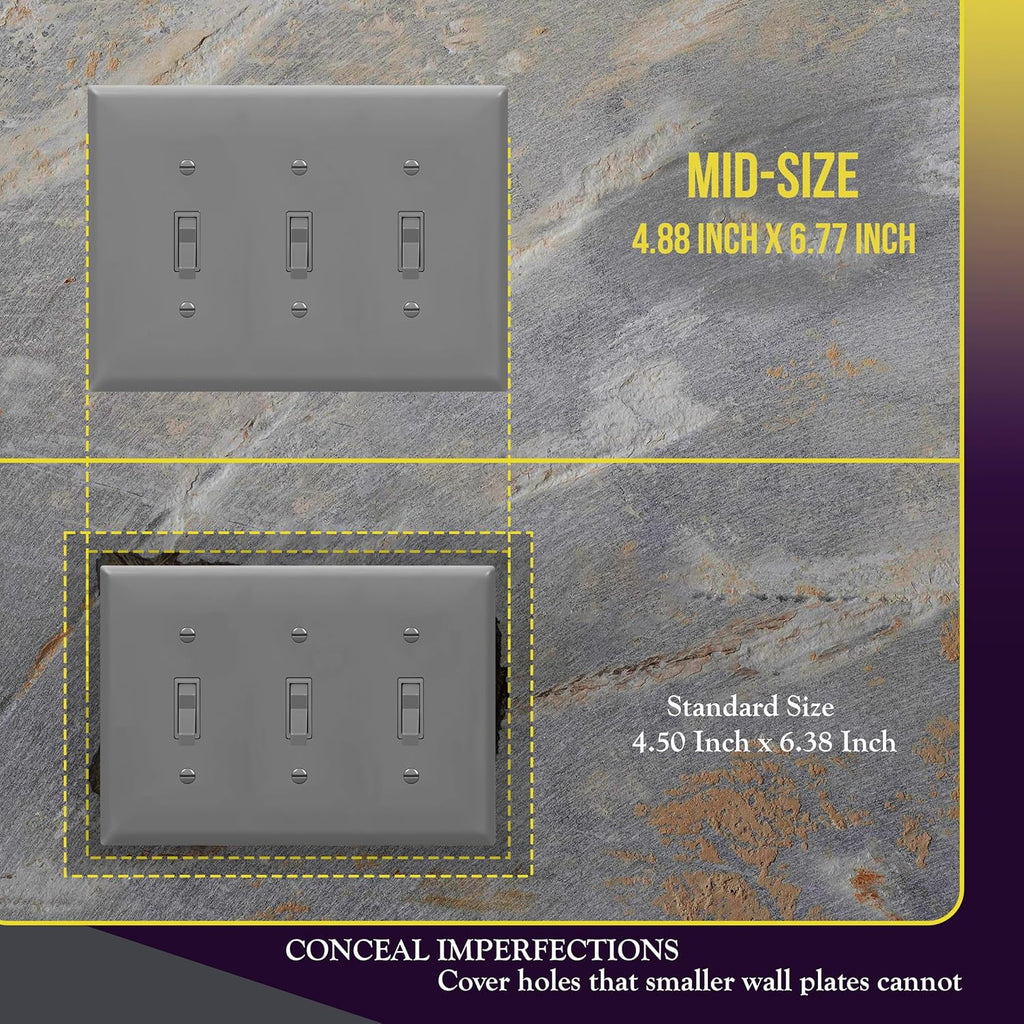 ENERLITES Triple Light Switch Wall Plate, Toggle Switch Plate, 3-Gang Gloss Finish, Mid-Size 4.88" x 6.77", Unbreakable Polycarbonate Thermoplastic, UL Listed, 8813M-GY, Gray