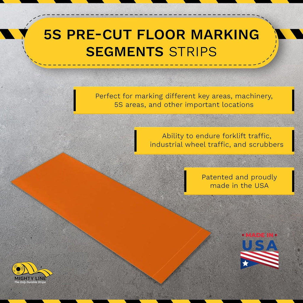 Mighty Line Floor Marking Tape Strips for Safety, Caution, Warning, Heavy-Duty, Peel and Stick, Adhesive, Industrial Quality, Orange, 6" by 10"