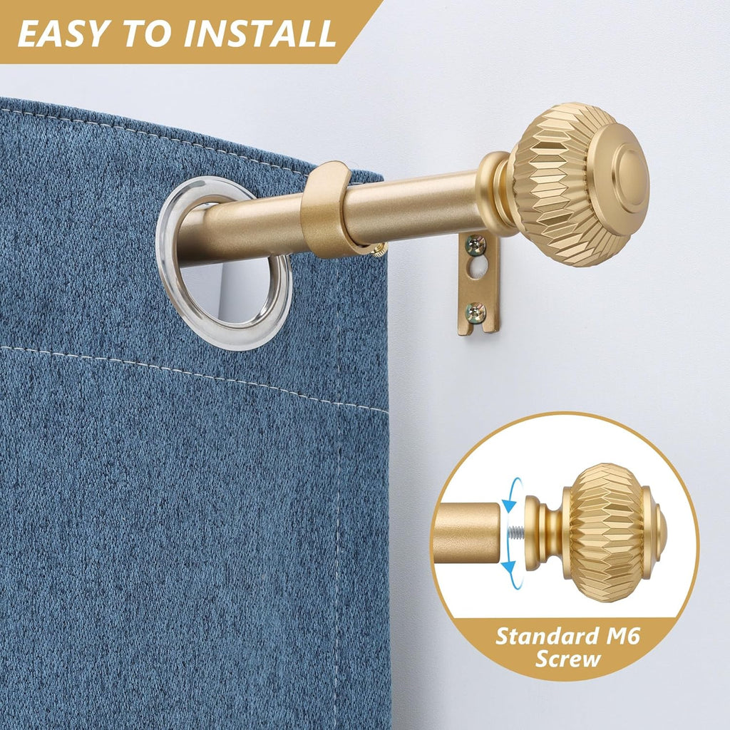 Gold Curtain Rods for Windows 48 to 84 Inches 1 Inch Adjustable Heavy Duty Curtain Rods with Lantern Ball Finials,Window Treatment Single Curtain Rod Set