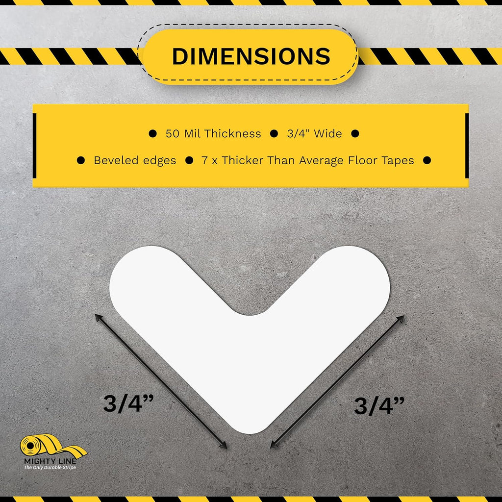 Mighty Line 3/4" Wide Solid Mini Corner Marker Floor Marking Tape, Heavy-Duty, Peel and Stick, Adhesive, Industrial Quality, White, Pack of 108