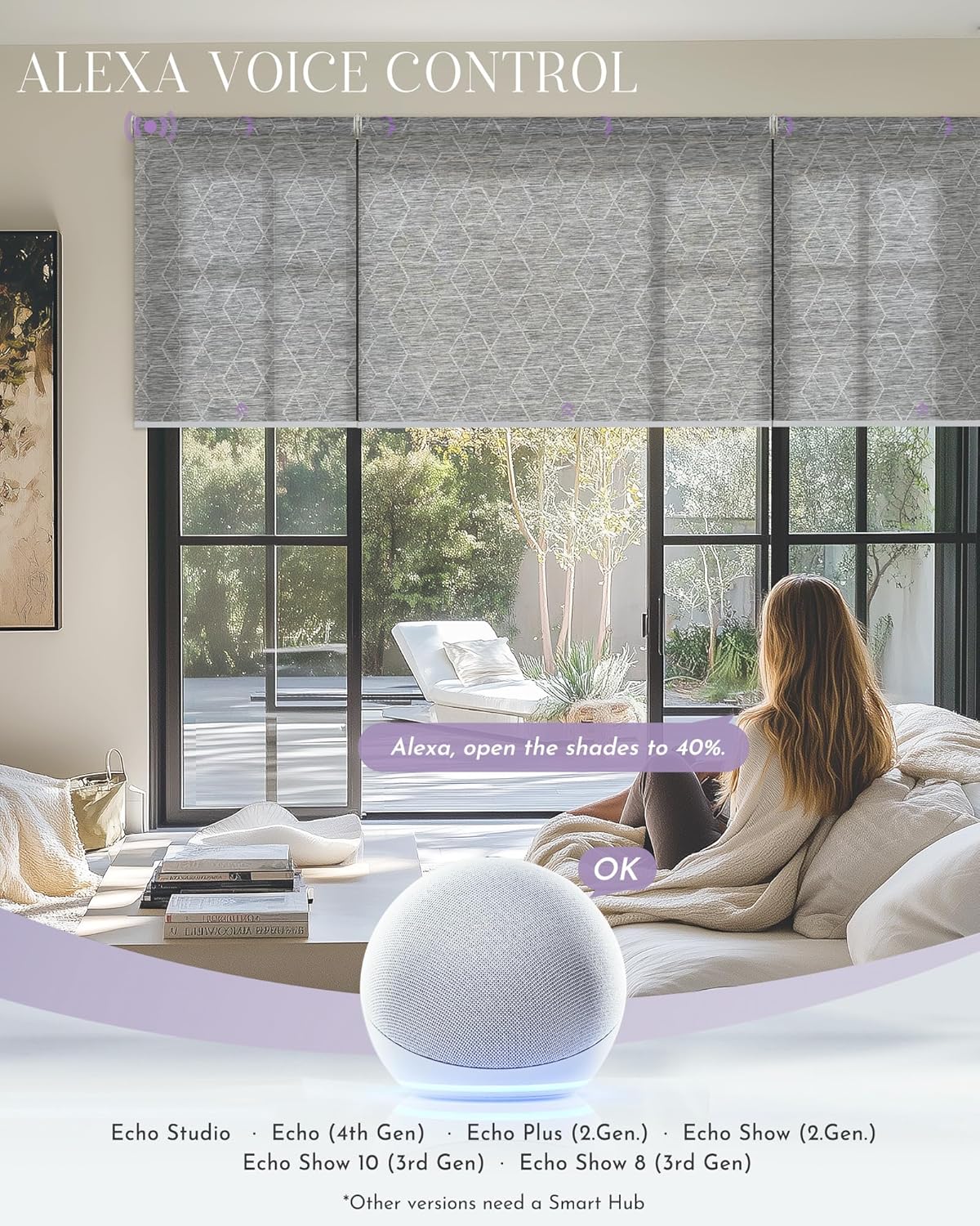 Graywind Smart Coupled Roller Shades Compatible with Alexa Google Custom Size Extra Large Motorized Blinds for Windows(1% Openess Geometry Grey)