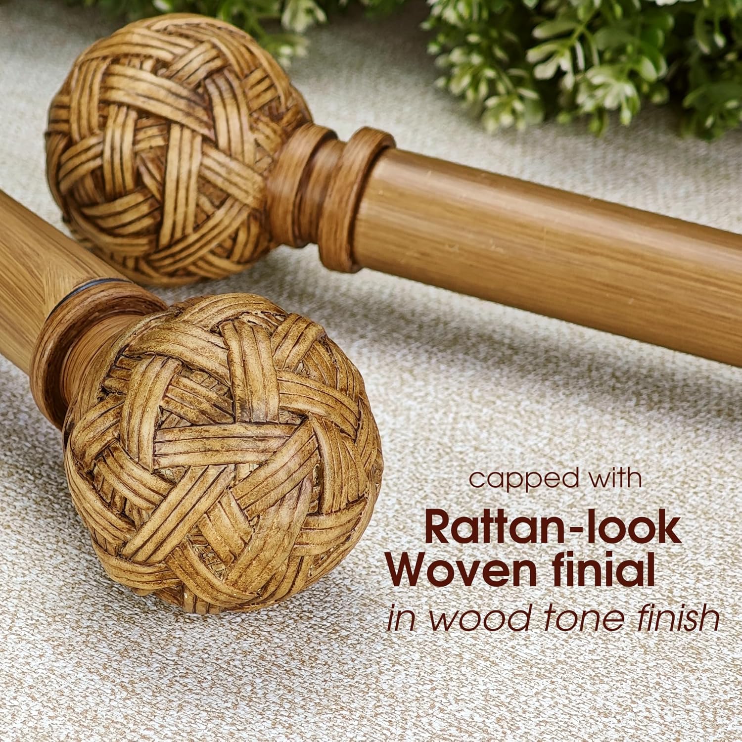 Faux Wood Style Curtain Rod Set with Faux Rattan Look Finial, 36-72 inch, Standard Single Drapery Rod for 1 Pack, 1 inch diameter, Adjustable Length