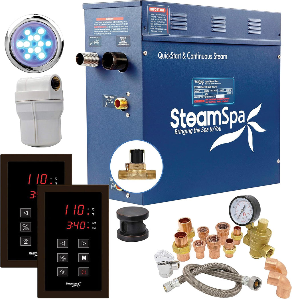 SteamSpa Executive 7.5 KW QuickStart ACU-Steam Bath Generator Package with Built-in Auto Drain in Oil Rubbed Bronze | Steam Generator Kit with Dual Control Panel Steamhead 240V | EXT750OB-A