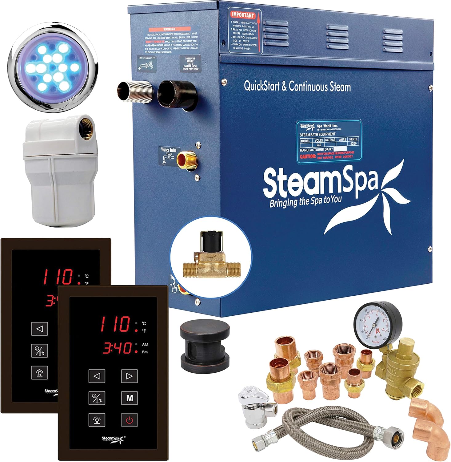 SteamSpa 4.5kW Steam Sauna Generator Executive Bundle 240V Steam Generator with Touch Pad, Steamheads, Pressure Relief Valve, Built-in Auto Drain, LED Light, Filter and Quick Install Kit EXT450OB-A
