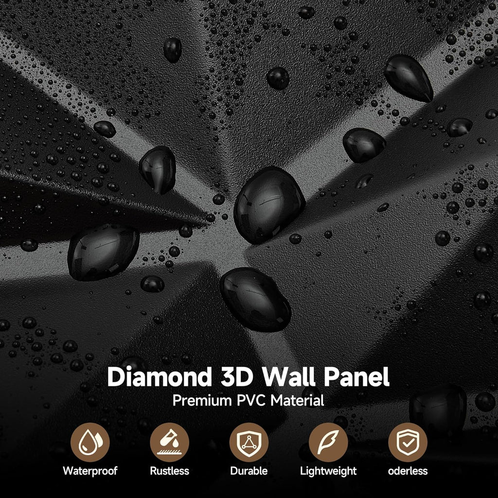 INMOZATA 3D Wall Panels for Interior Wall Decor, 33 Pack 12 x 12 Inch Decorative Wall Panels Diamond 3D Textured Accent Panel for TV, Gaming Living Room, Bedroom Background(Black)