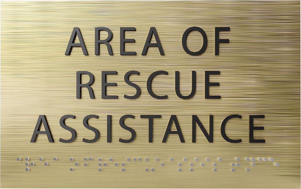 Area of Rescue Assistance Sign - ADA compliant sign. 6"x4" sign made from durable plastic with raised lettering and Braille. Designed to meet ADA (Americans with Disabilities Act) regulations.
