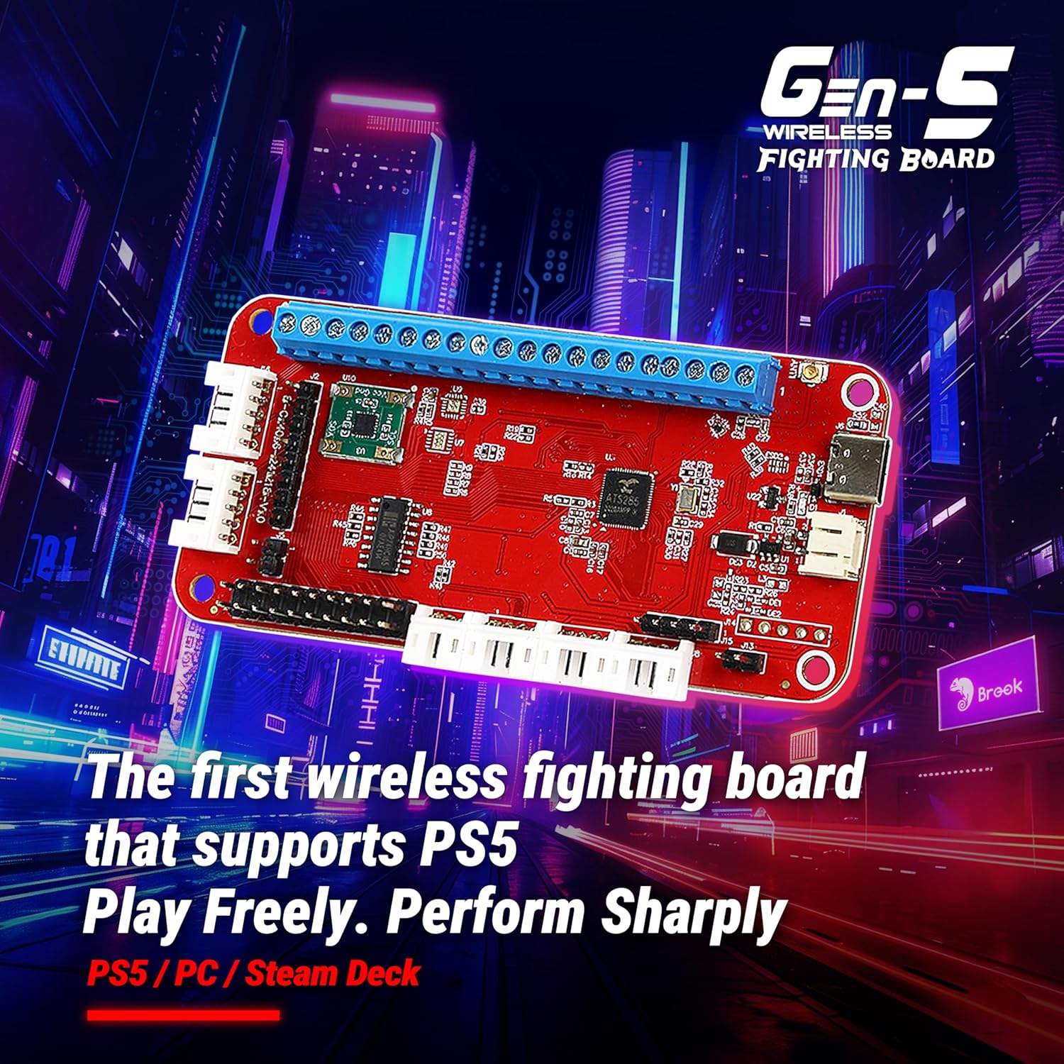 Brook Gaming Gen5W Fighting Board – Wireless Compatible Controller Board for P5, PC & Steam Deck | Ultra-Low Latency | Turbo, Macro & RGB Customization (Exclusive Version) (Gen5W)