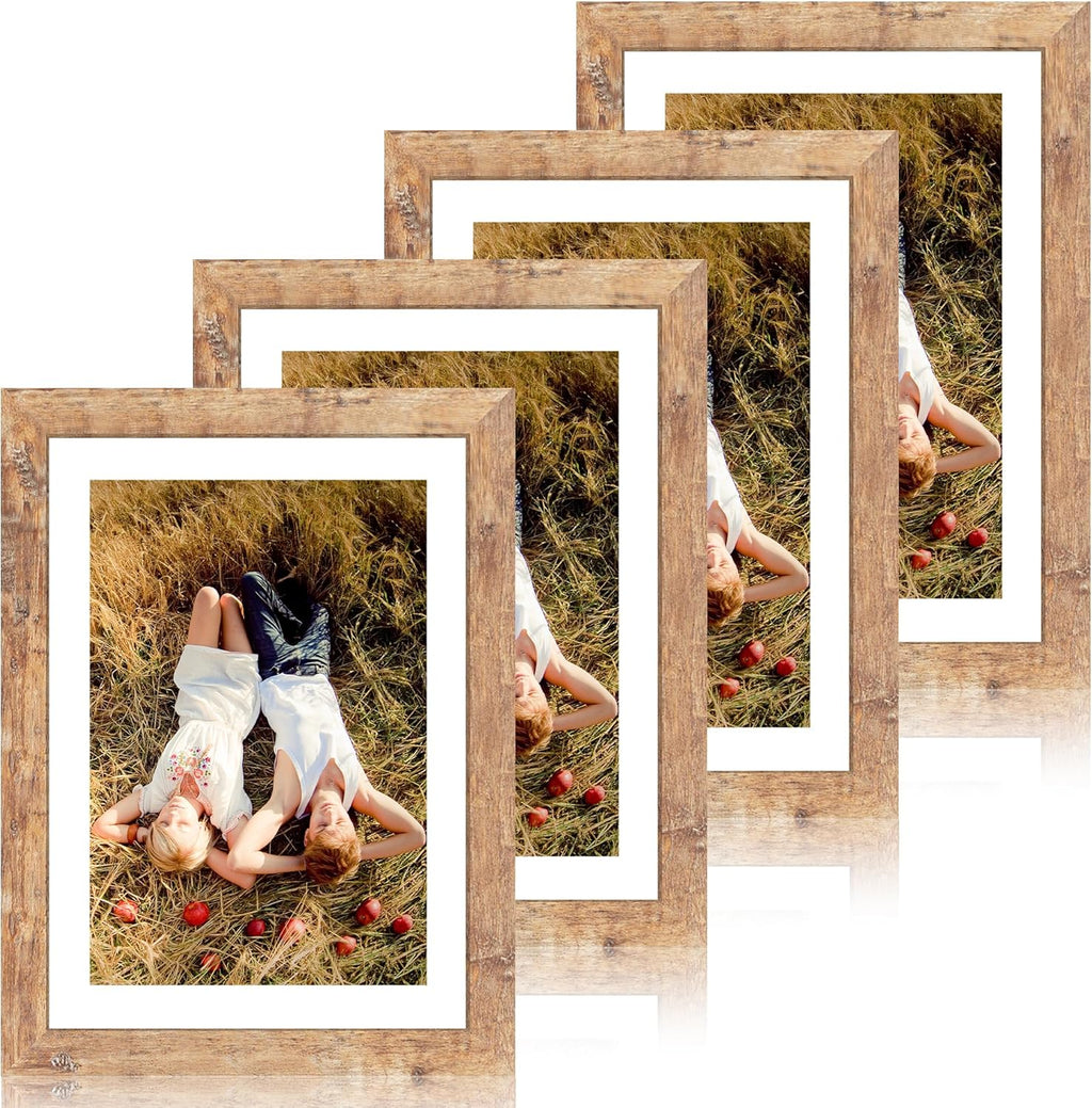 iRahmen 10x14 Picture Frame Set of 4 with Tempered Glass, Rustic Brown Frame Display 8x12 Pictures with Mat or 10 x 14 Without Mat, Wooden Photo Frames for Wall Mounting