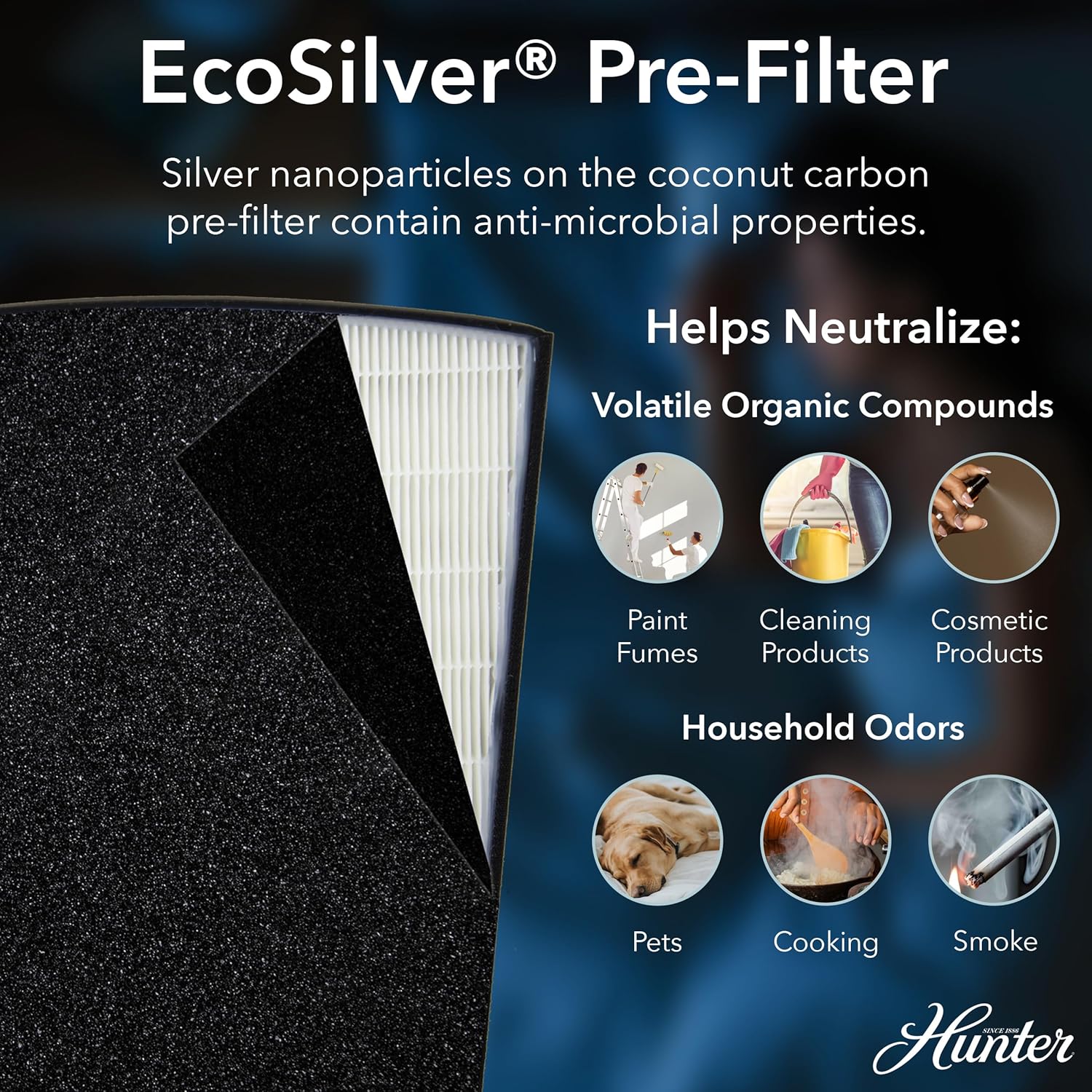 Hunter HP800 Air Purifiers for Home Large Room and Bedroom. True HEPA Air Purifier for Pets, Odors, Allergens, Smoke, Dust, VOC's. 4 Fan Speeds, Quiet Sleep Mode. Cleans 2585 Ft² per Hour. Graphite