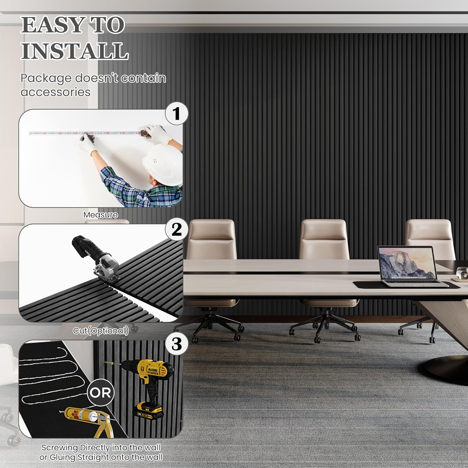 Wood Salt Acoustic Wall Panels, 4 Piece 94" x 12.6" x 0.8" Soundproof Wooden Wall Panels, 3D Fluted Sound Absorbing Panel, Dark Gray