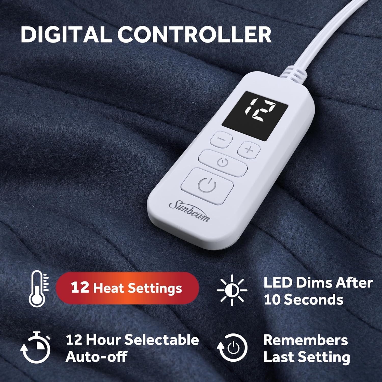Sunbeam Royal Ultra Fleece Heated Electric Blanket Full Size, 84" x 72", 12 Heat Settings, 12-Hour Selectable Auto Shut-Off, Fast Heating, Machine Washable, Warm and Cozy, Indigo
